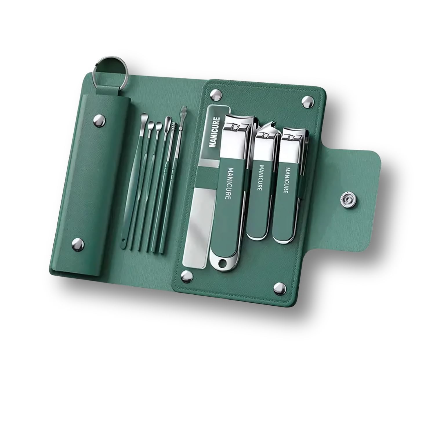 CRENTROVA 10-in-1 Manicure Kit – Stainless Steel Nail Clipper Set for Men & Women | Grooming Tools with Cuticle Remover, Nail File, Ear Pick & Tweezers in Compact Travel Case (Green)-image-24