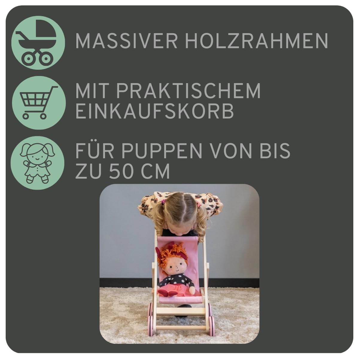 Bandits & Angels Puppenbuggy Lovely Flowers aus Holz – ab 2 Jahren – Puppenwagen aus Holz – für Puppen bis 50 cm – Puppenwagen Rosa mit Blumen – Puppenbuggy
