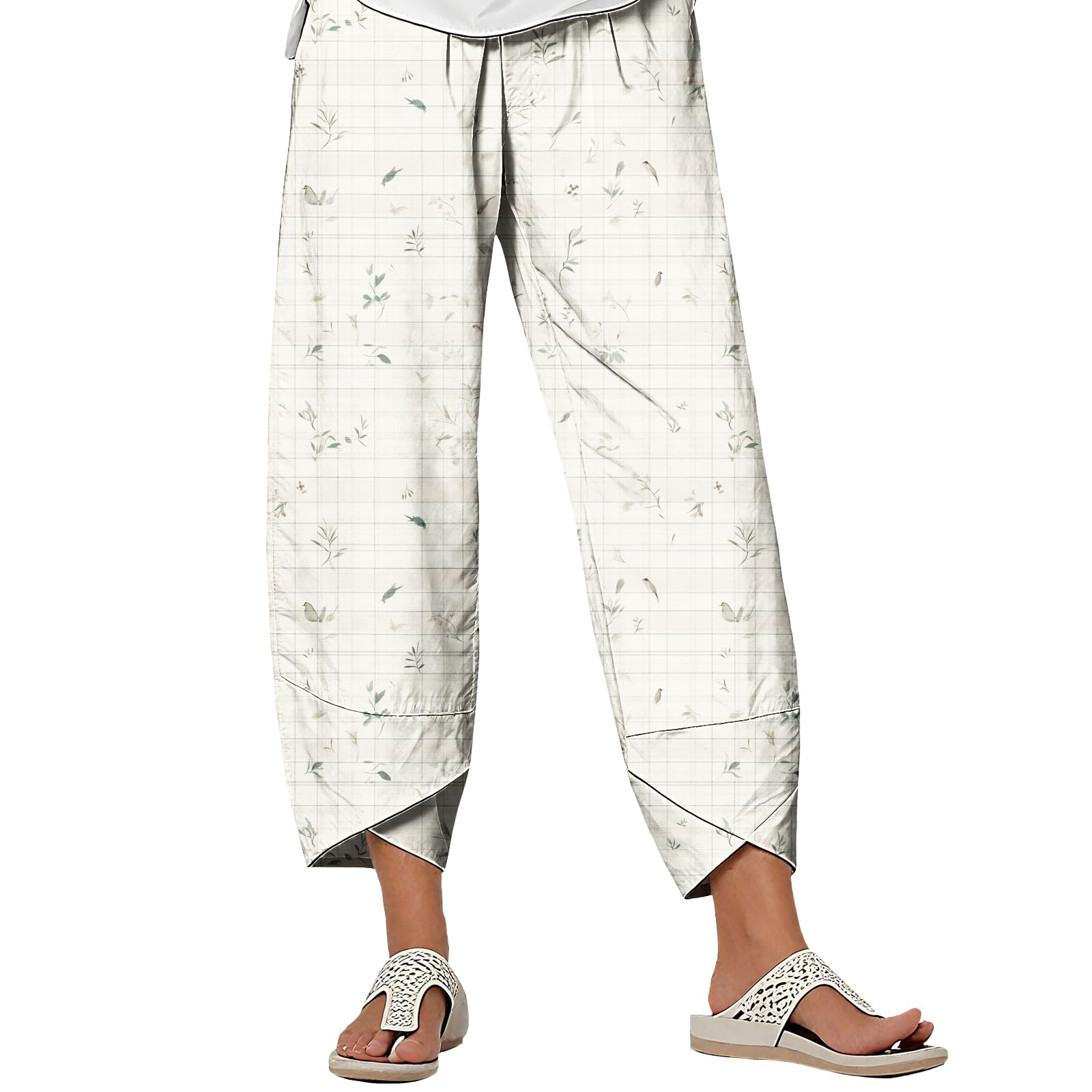 Women Casual Plaid Elastic Waist Wide Leg Pants Summer Lounge Beach Palazzo Trousers with Pockets