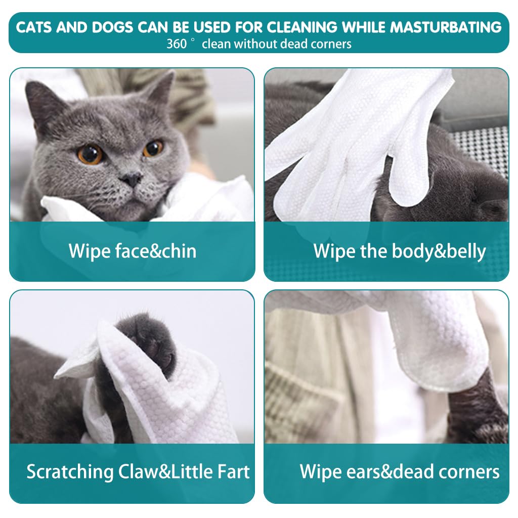 Qpets® Pet Wipes Gloves, 6Pcs Pet Cleaning Gloves Disposable Dry Cleaning Tool, Cats and Dogs Grooming Wipes Gloves Skin Friendly for Wipe Claws, Ear, Feet, Butt 4