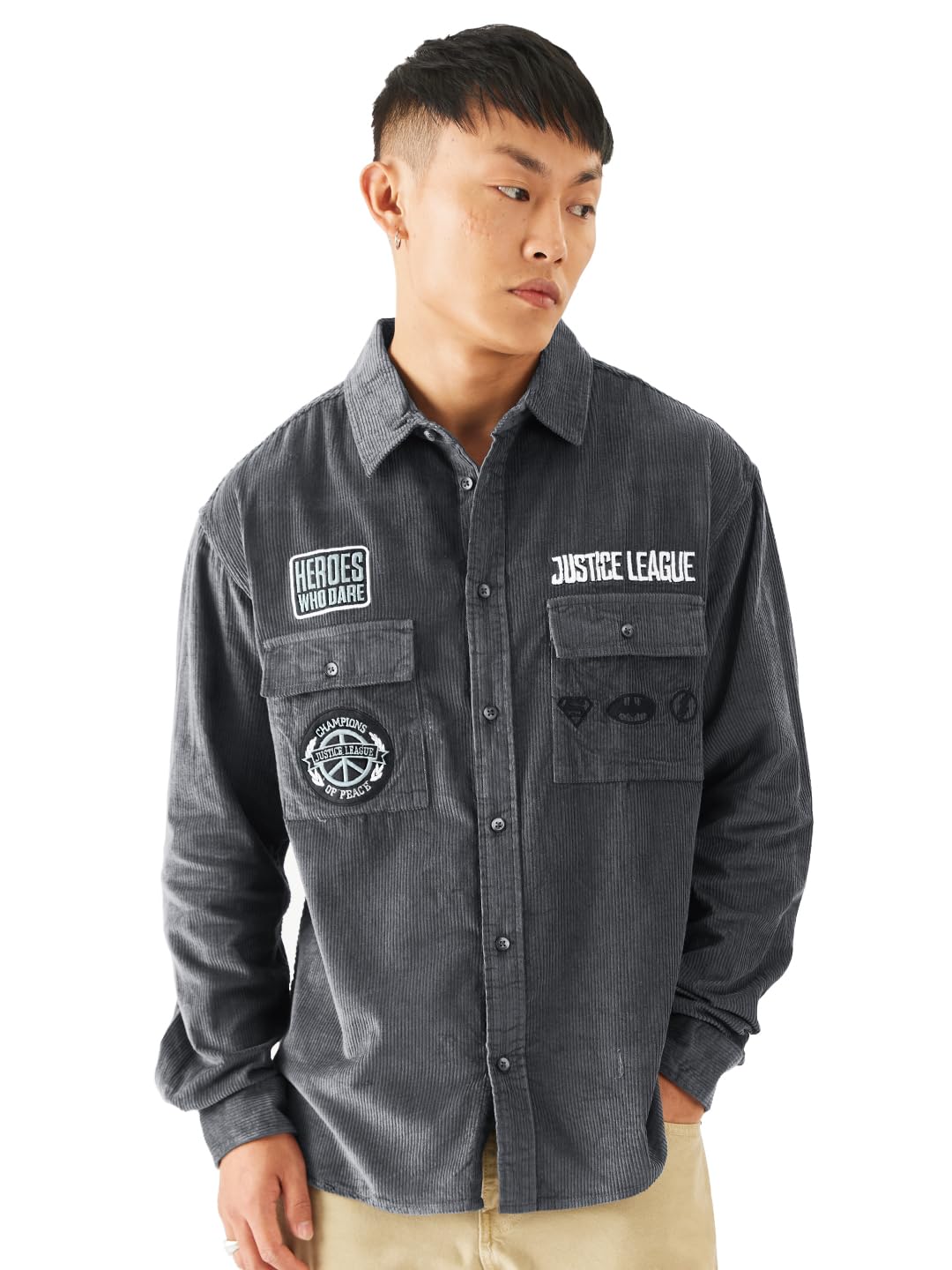 The Souled Store Official Justice League: United Men and Boys Long Sleeve Collared Neck Button Down Regular Fit Cotton Utility Shirts