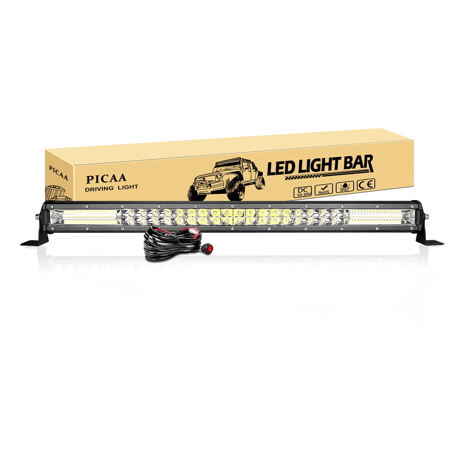 PICAA led Arbeitsscheinwerfer, 24 Zoll 61CM 216W 7D Lichtbalken, mit 12V Kabel, Slim Spot Flutlicht Kombination für SUV Offroad ATV UTV Traktor 4x4 Auto