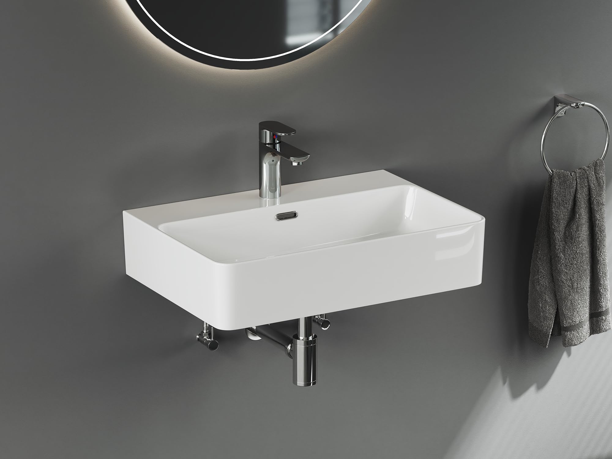 Aqua Bagno Keramik Waschbecken 60cm, Modernes Design für Bad & Gäste-WC, Aufsatzwaschbecken weiß