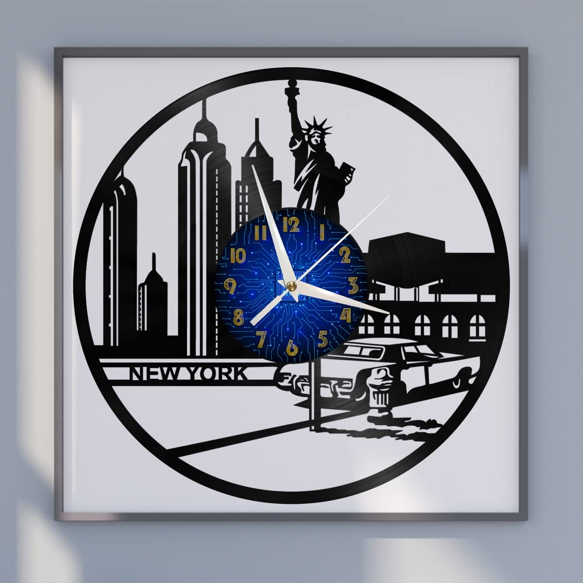 Horloge murale en vinyle New York VCSFR silencieuse pour salon et cuisine