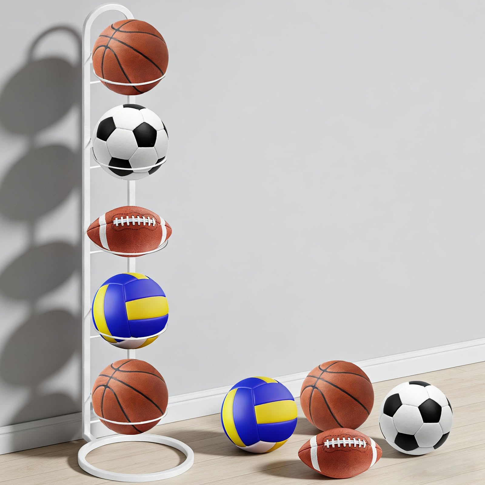 Support Ballon Basket 5 Niveaux en Métal Blanc,Porte Ballon Amovible pour Football/Basket/Volley - Organisation Garage & Équipement Sportif - Casier de Rangement de Balles