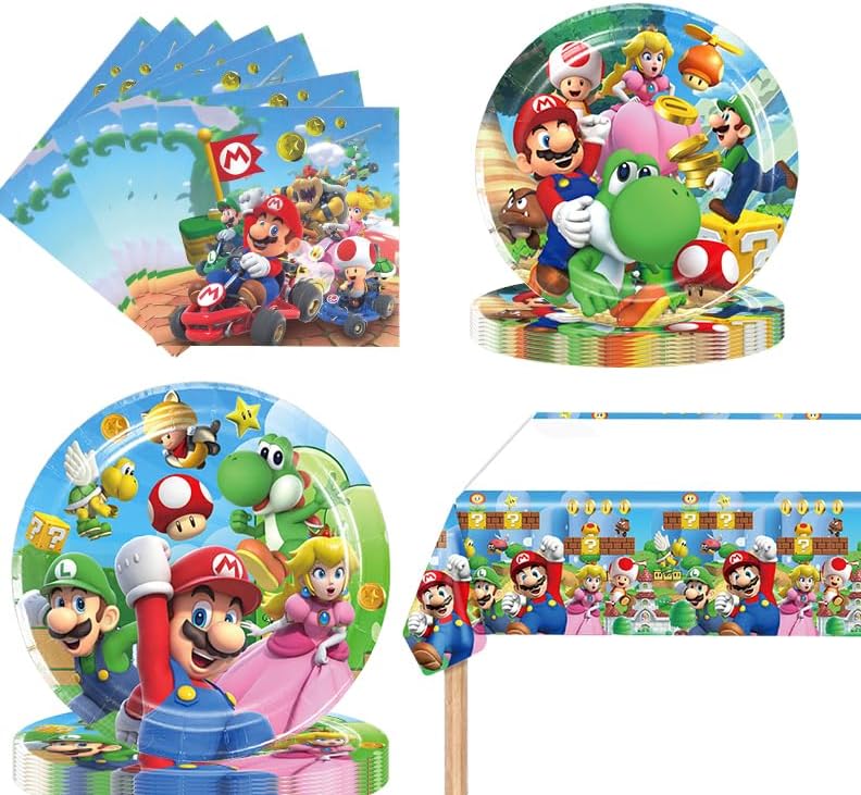 Mario Party Supplies 41 El paquete incluye 20 platos, 20 servilletas, 1 mantel para decoración de fiesta de cumpleaños de Mario