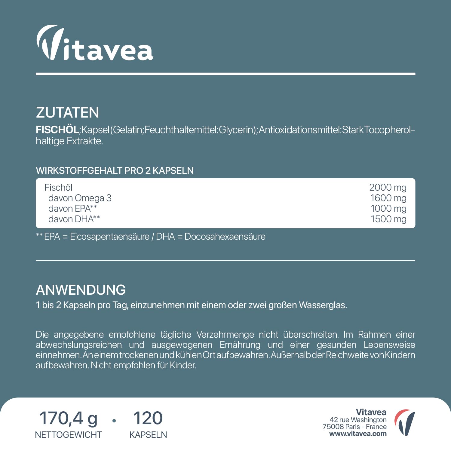 Omega 3 Wildfischöl 2000mg - 1000mg EPA, 500mg DHA, 120 Omega 3 Kapseln hochdosiert - Laborgeprüft, ohne unerwünschte Zusätze - Vitavea