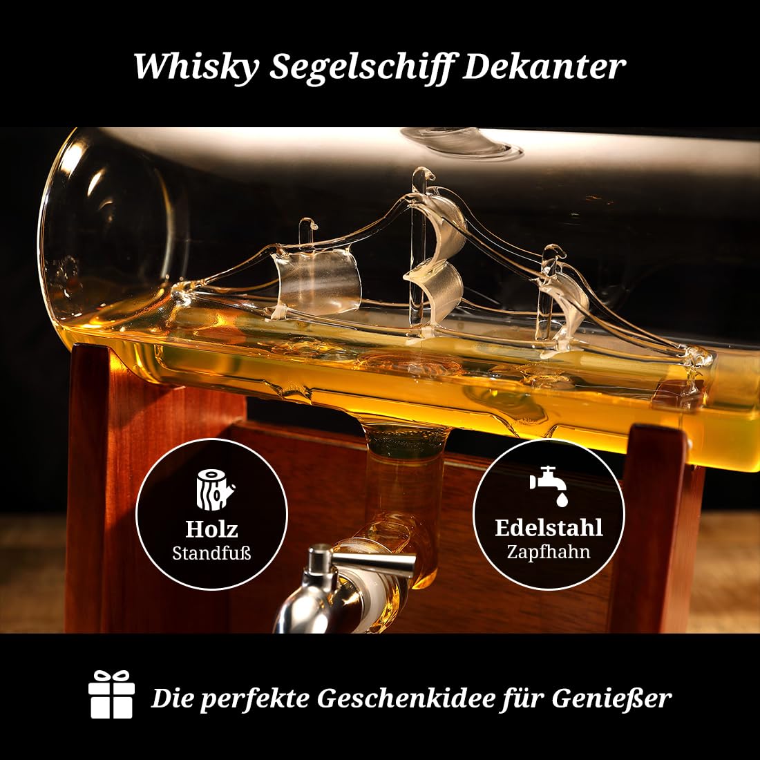 polar-effekt Whisky Barrel Dekanter 1 Liter & Gläser 320 ml mit Gravur - Personalisiertes Männergeschenk - Mit Karaffe, 2 Whiskygläser, Holzständer & Zapfhahn
