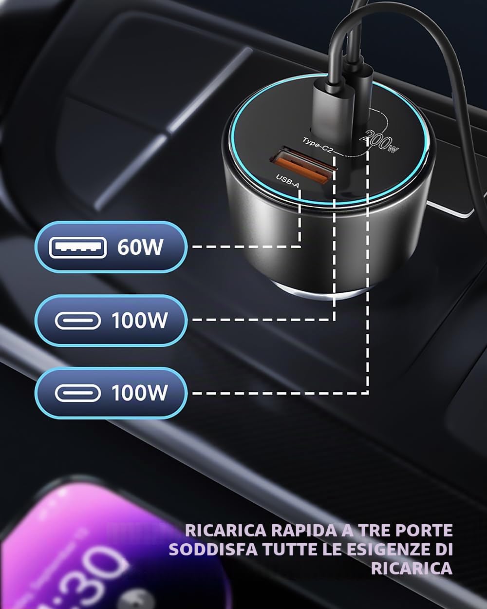 Caricatore Auto USB C da 200W, Caricabatteria Auto Accendisigari 12V-24V da 3 Porte con Cavo 100W, Compatibile con iPhone 16/15/14, Samsung Galaxy S24/23, Xiaomi, MacBook, iPad Pro, Air Mini