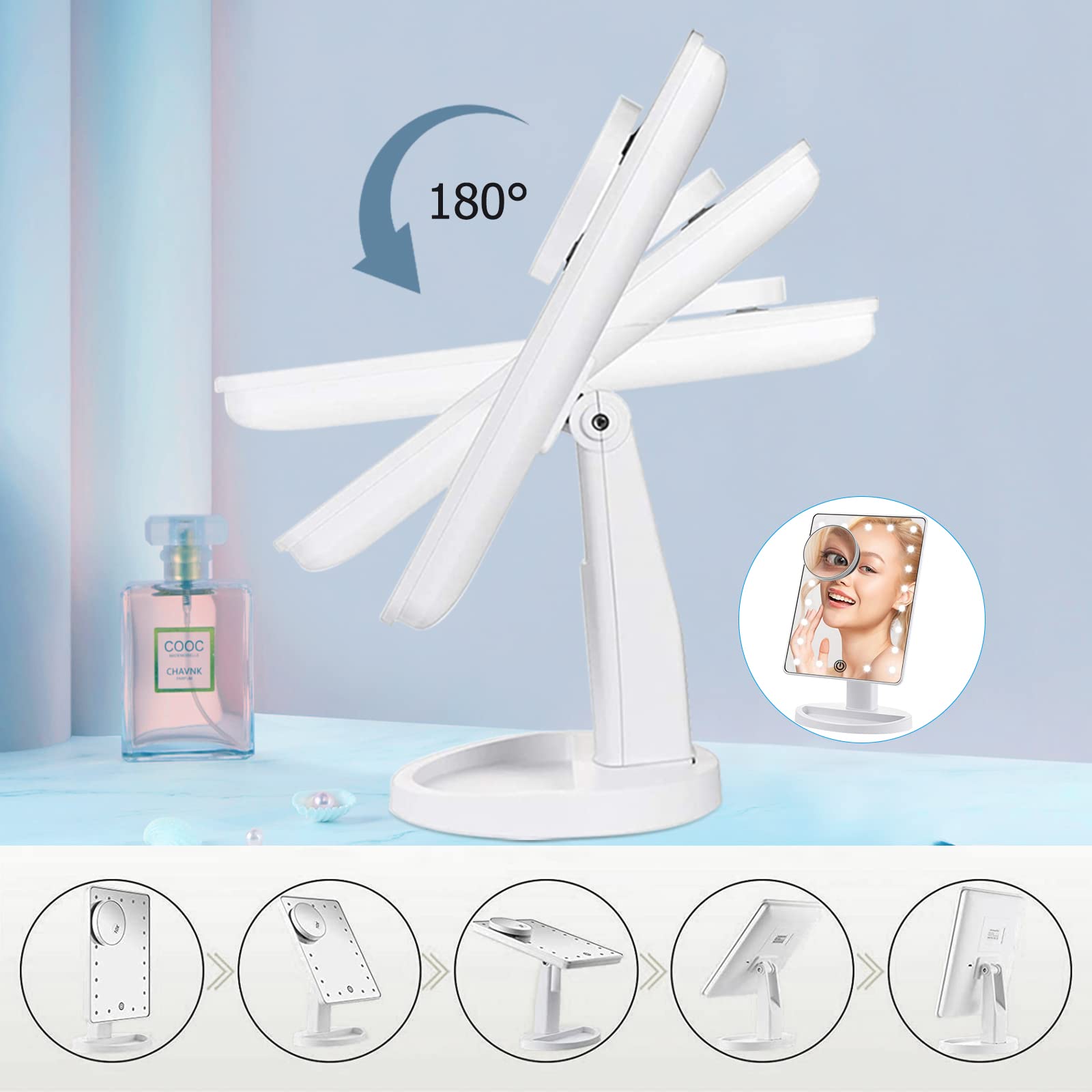 Nestling Specchio Cosmetico 10x, touchscreen con 16 luci LED puo essere ruotato liberamente di 180°, a doppia potenza per trucco,rasatura e viaggi