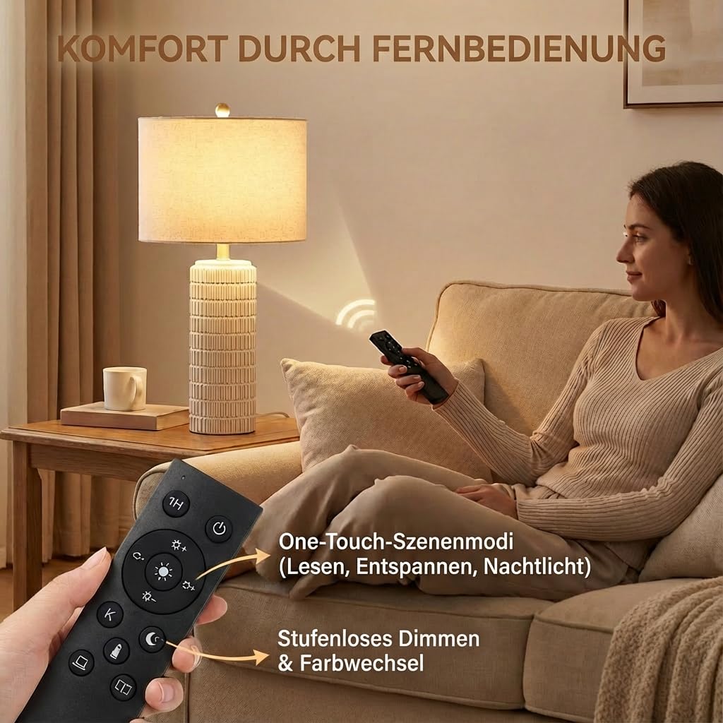 Tischlampen Leinenschirm 2er Set, H57cm LED Nachttischlampe Keramikfuß mit Timer 3 Farbtemperaturen Dimmbar, Inkl. E27-Birnen, Moderne Tischleuchte für Nachttisch Schlafzimmer Wohnzimmer Büro Lese