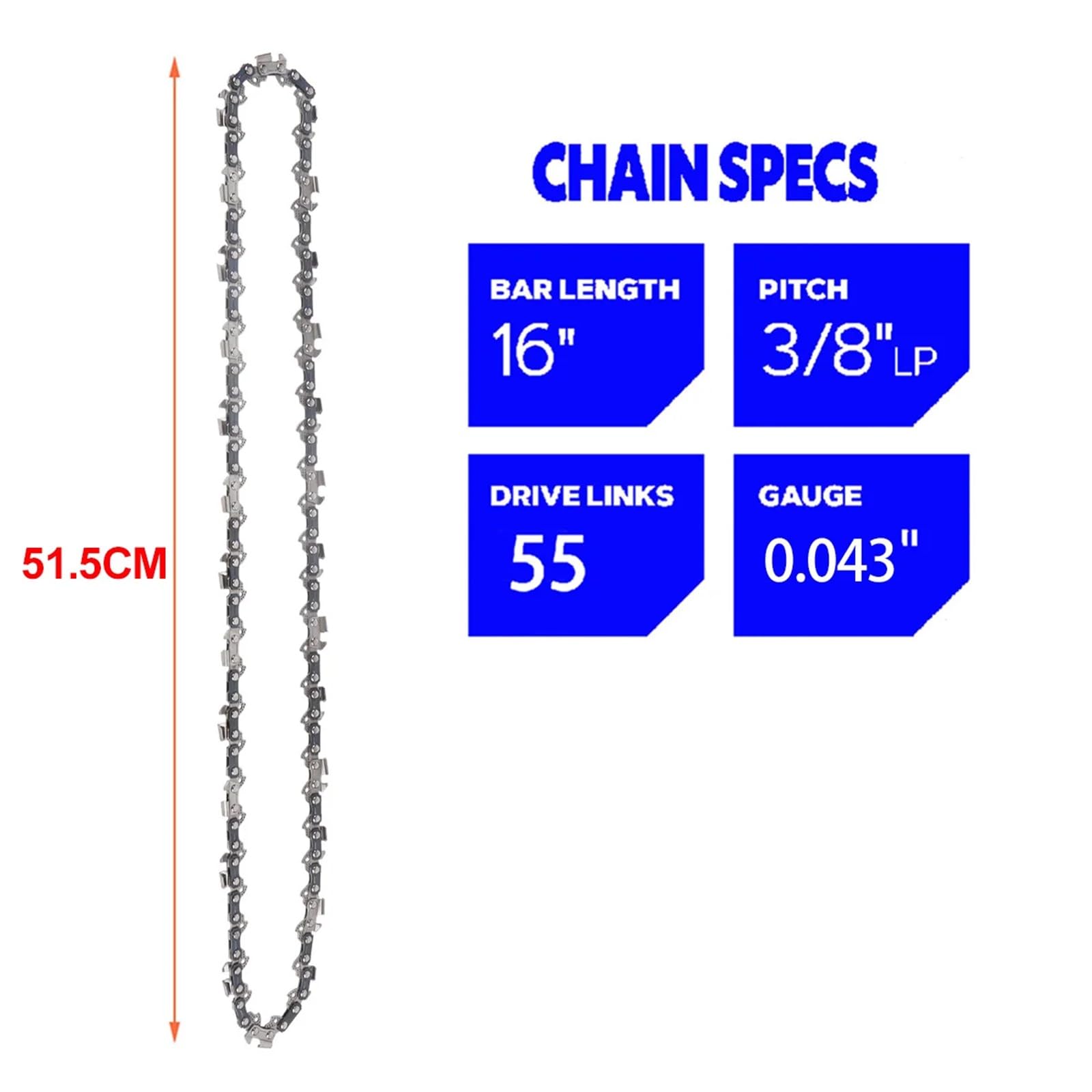 Piezas de repuesto cadena motosierra metal 16 pulgadas, 55 eslabones transmisión, sierra semicincel calibre 3/8 Lp.043, para corte Reemplazo de cadena de corte de motosierra.(5pcs)