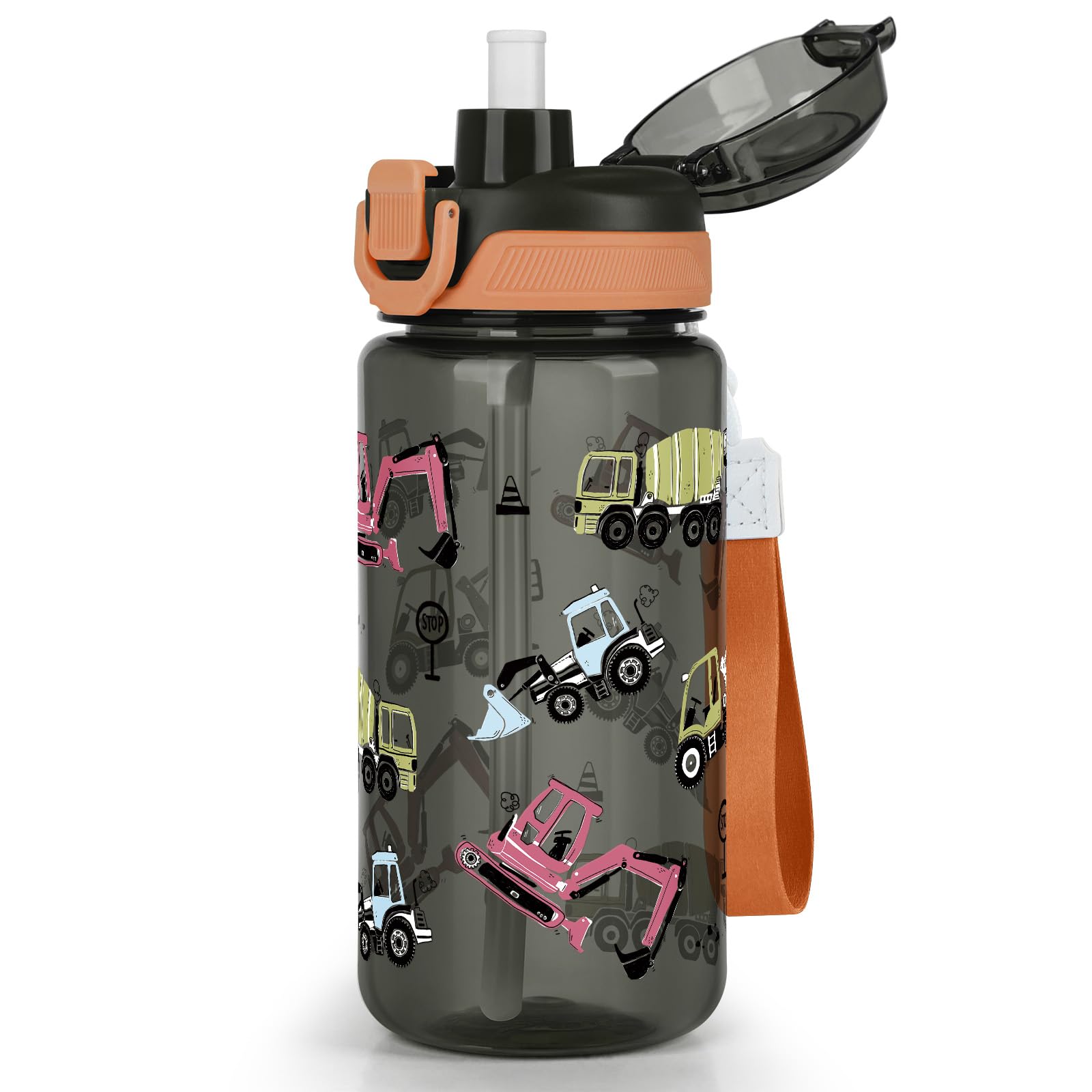 omedecal 600ml Kids Water Bottle with Pop-Up Lid & Lock, BPA-Free, 2-in-1 Removable Straw or Direct Drink Plastic Water Bottle, Dishwasher Safe, Handle Strap, Boys & Girls, Excavator