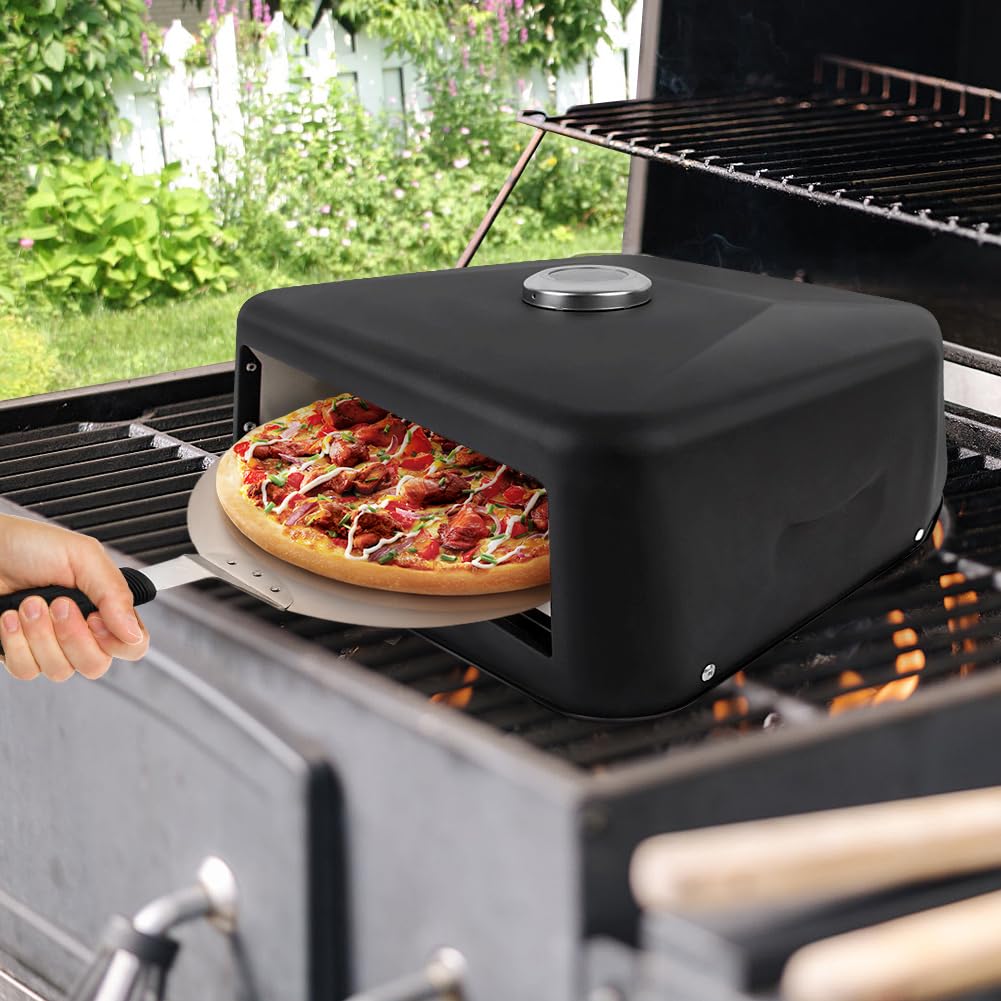 Outsunny Mini forno per pizza all'aperto portatile con pietra refrattaria 33 cm, manico in legno, termometro e vassoio rotante per giardino, terrazza, campeggio, patio