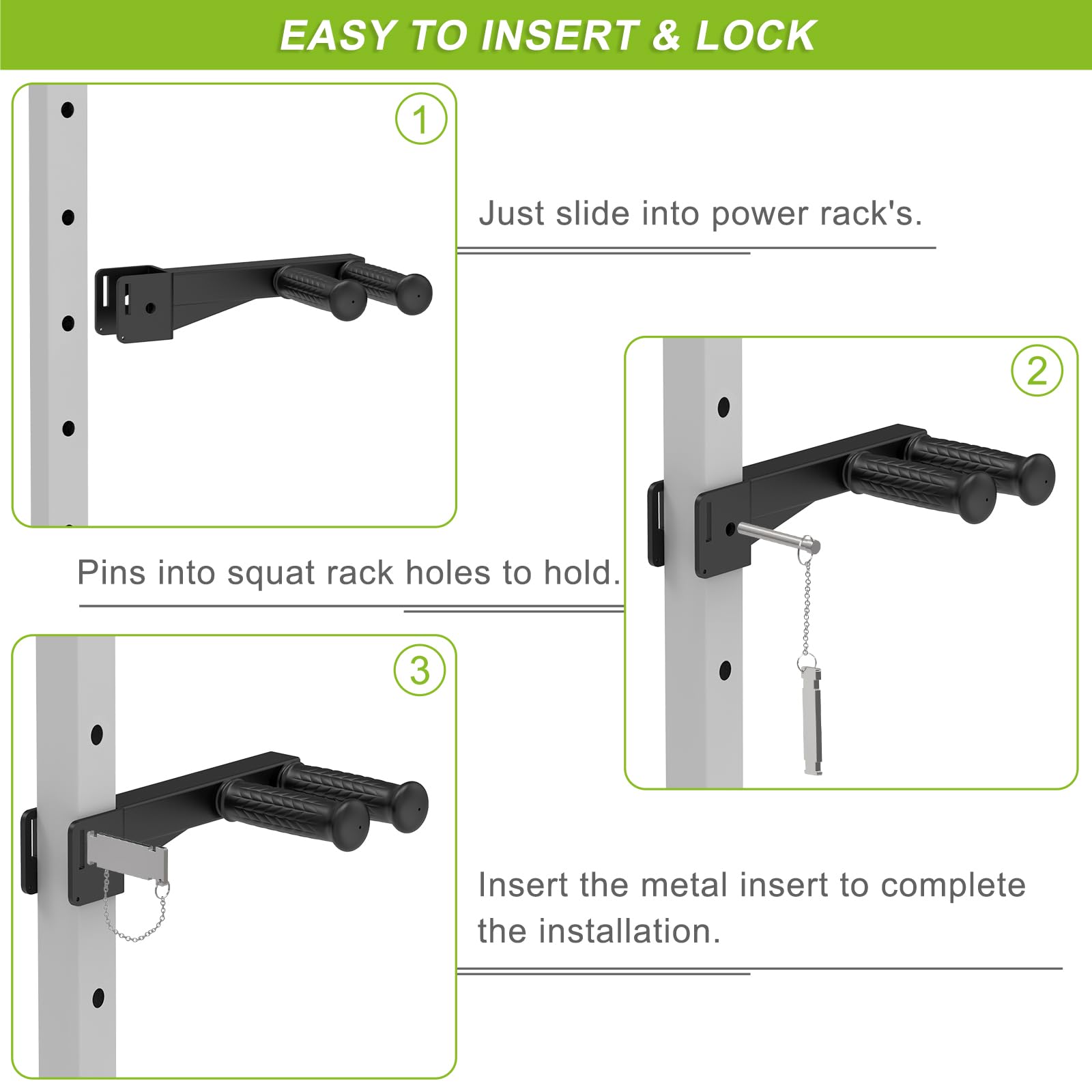 Attacco per barra per immersioni per power rack da 2 x 2 pollici e 3 x 3 pollici, maniglie larghe e strette antiscivolo, attacco per squat rack per immersioni