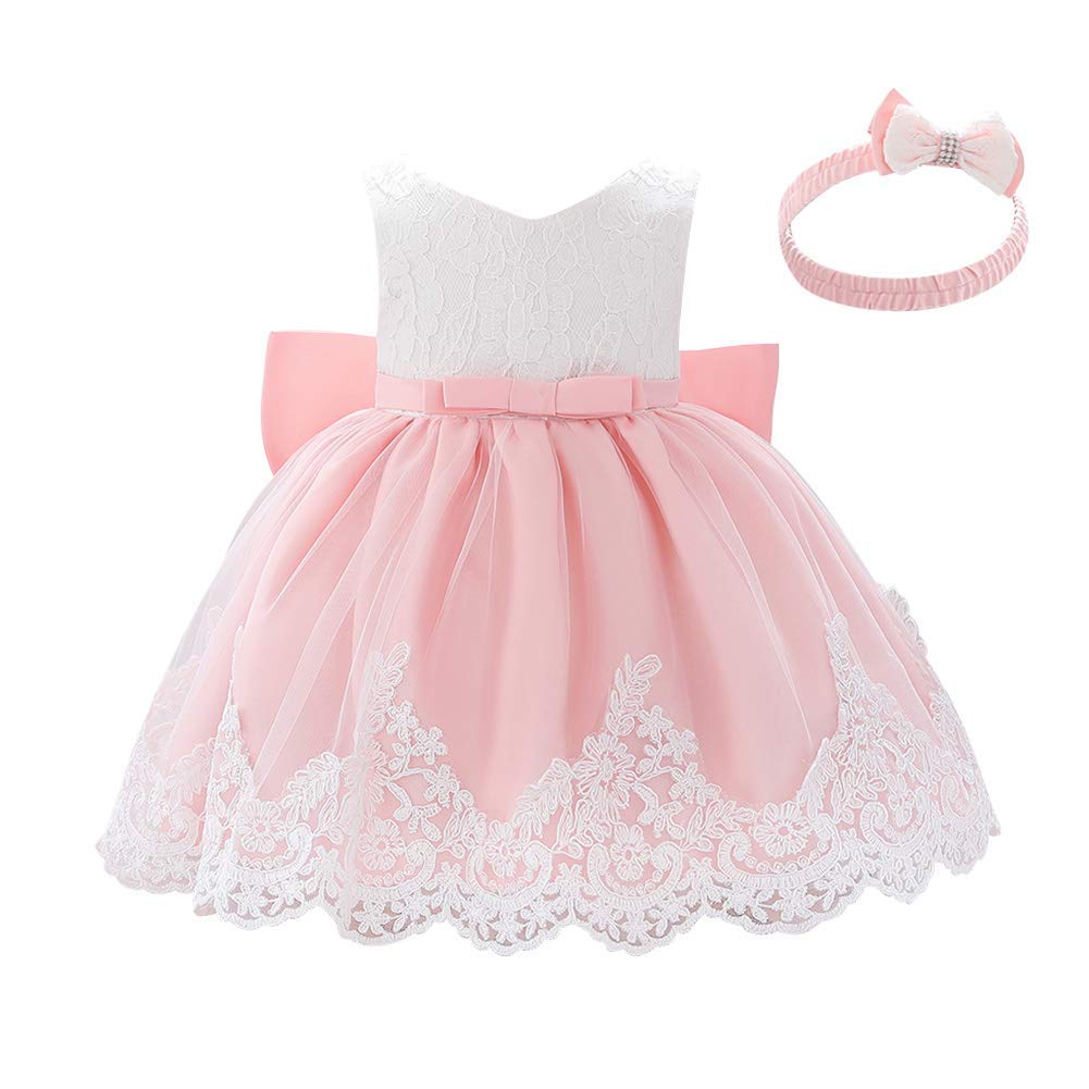 Baby Girls Lace Flower Tutu Dress Christening Baptism Holy Communion First Birthday Party Formal Dresses Toddler Kids Princess Wedding Bridesmaid Bowknot Dance Gown with Headwear Baby Pink 6-9 Months