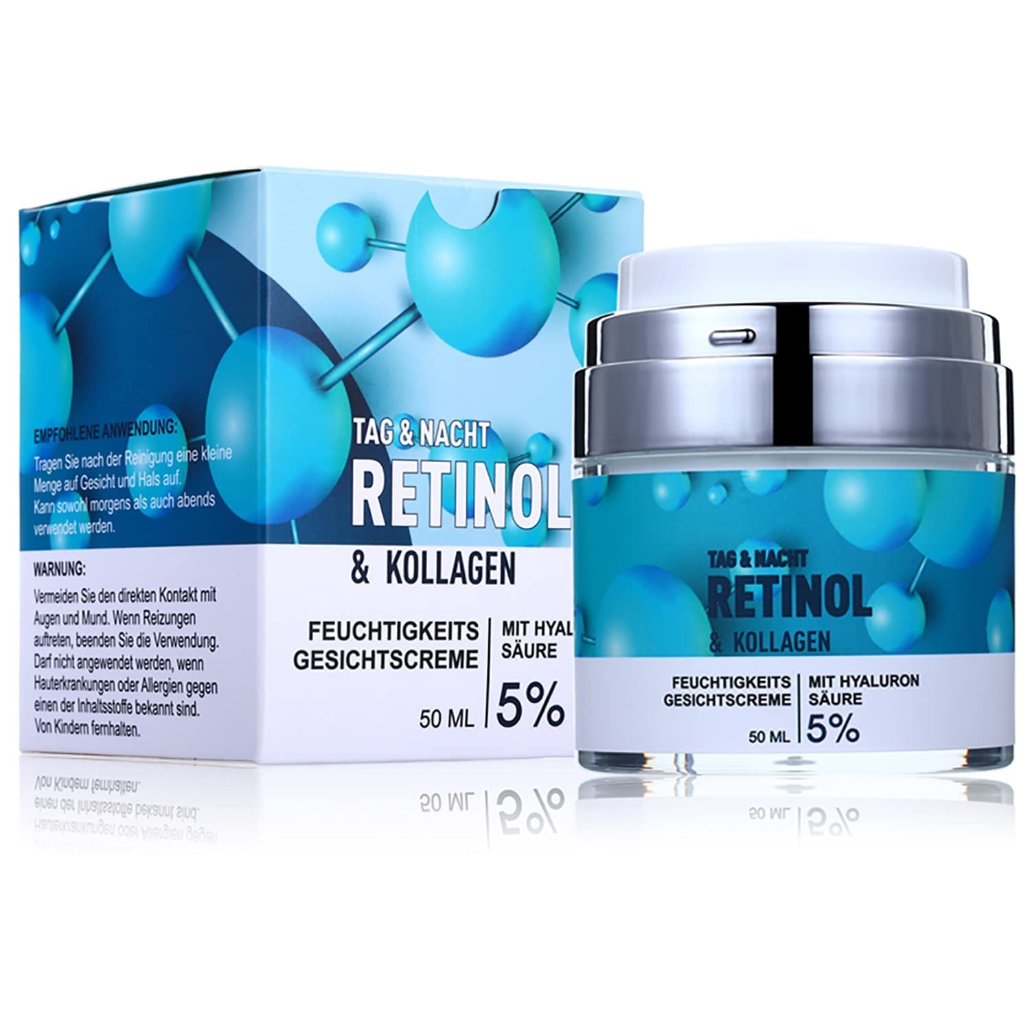 Crema al retinolo | 5% retinolo idratante Anti rughe Crema giorno notte con acido ialuronico | collagene, aloe vera + vitamine | vincitore del test 2022 P-Beauty | 50 ml | Made in Germany (3 pezzi)