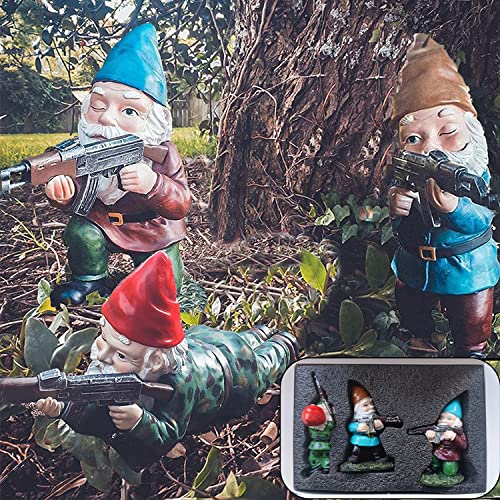 GAZETSZ Garden Gnomes 4.5inch Gnome Statues Military Gnome with Gun Funny Army Gnomes Decorations for Yard Indoor Outdoor Halloween Christmas Thanksgiving Gifts (Red+Yellow+Blue)
