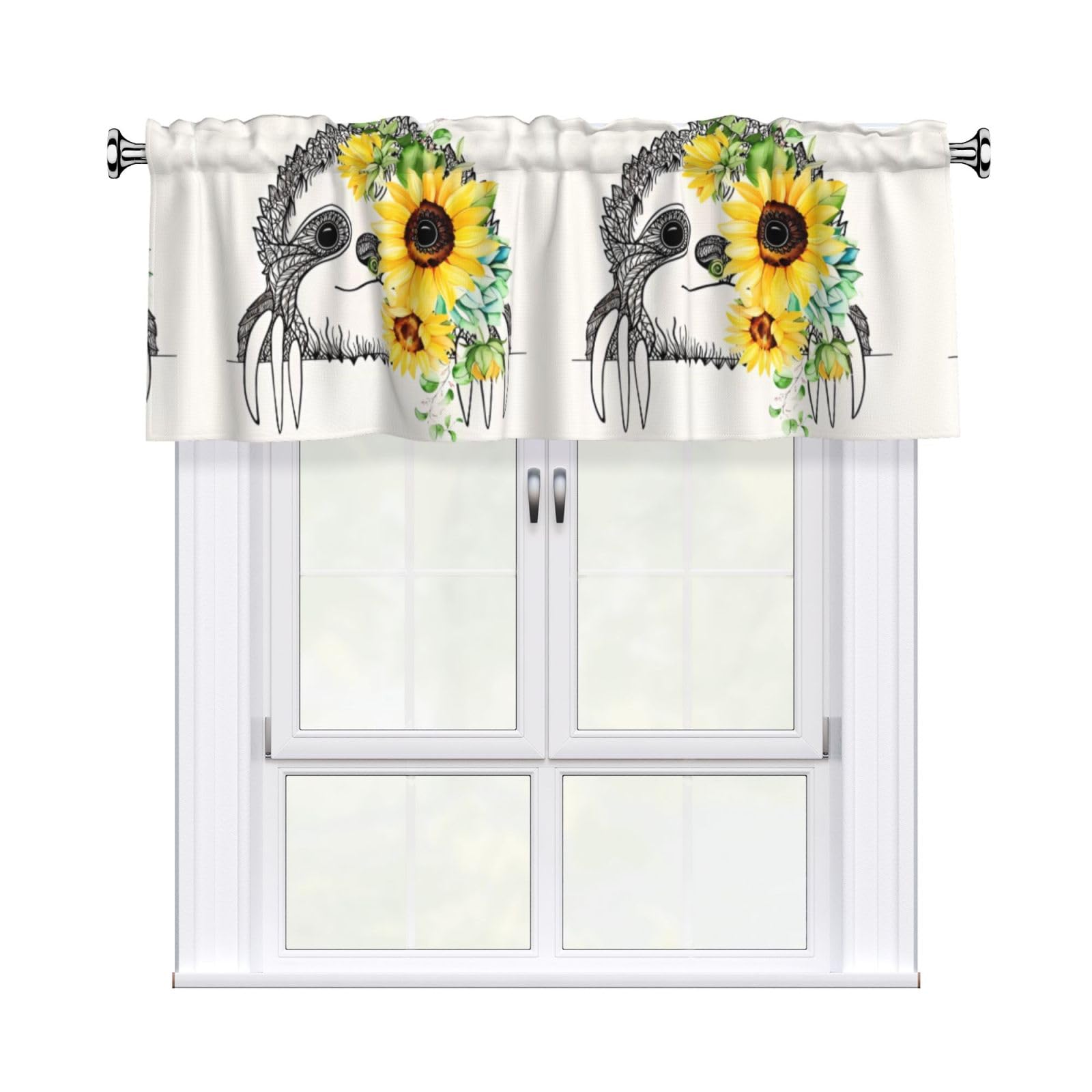 HJFCZH Sloth Sunflower Prints Curtain Valance 54x18in - Peach Skin Kitchen Window Layer, Filtered Light & Quick-Install Rod Pocket Cover