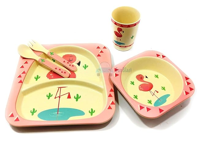 FunBlast (Set of 5 Pcs) Bamboo Fiber Eco-Friendly Kids Feeding Set (Flamingo)