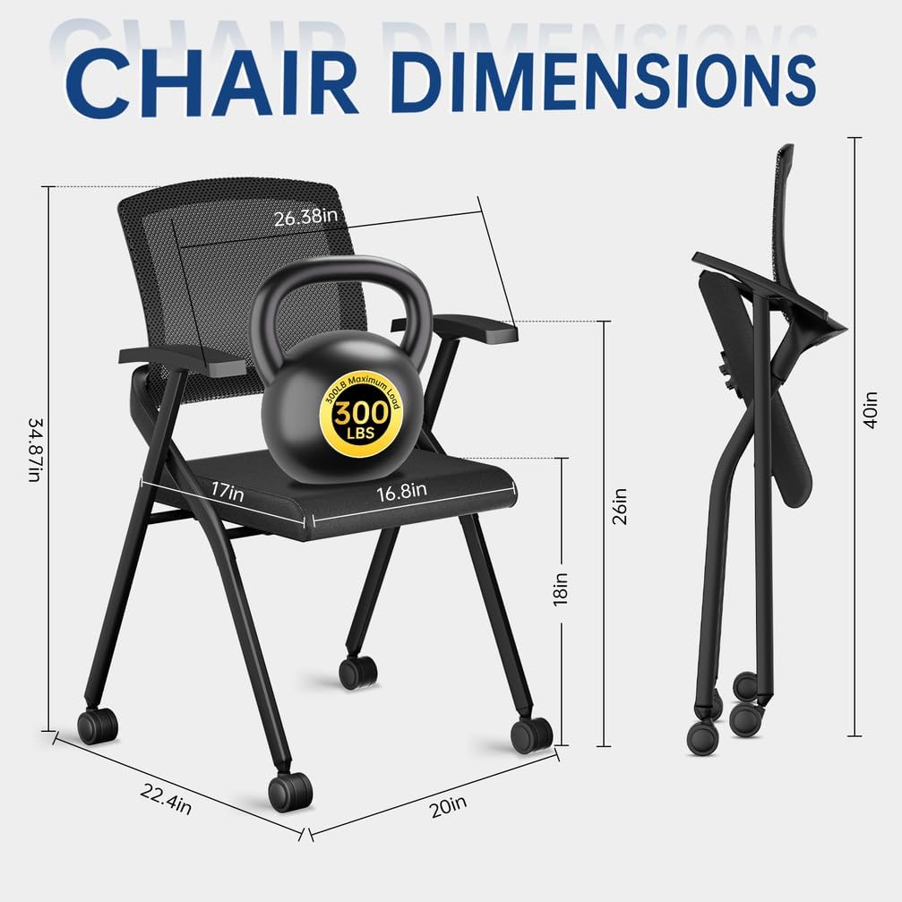 24Pack Foldable Office Chair with Wheel,Stackable Conference Room Chair with Lumbar Support,Foldable Desk Chair with Mesh Back and Arms for Conference Meeting Guest Reception Home Office Training Room