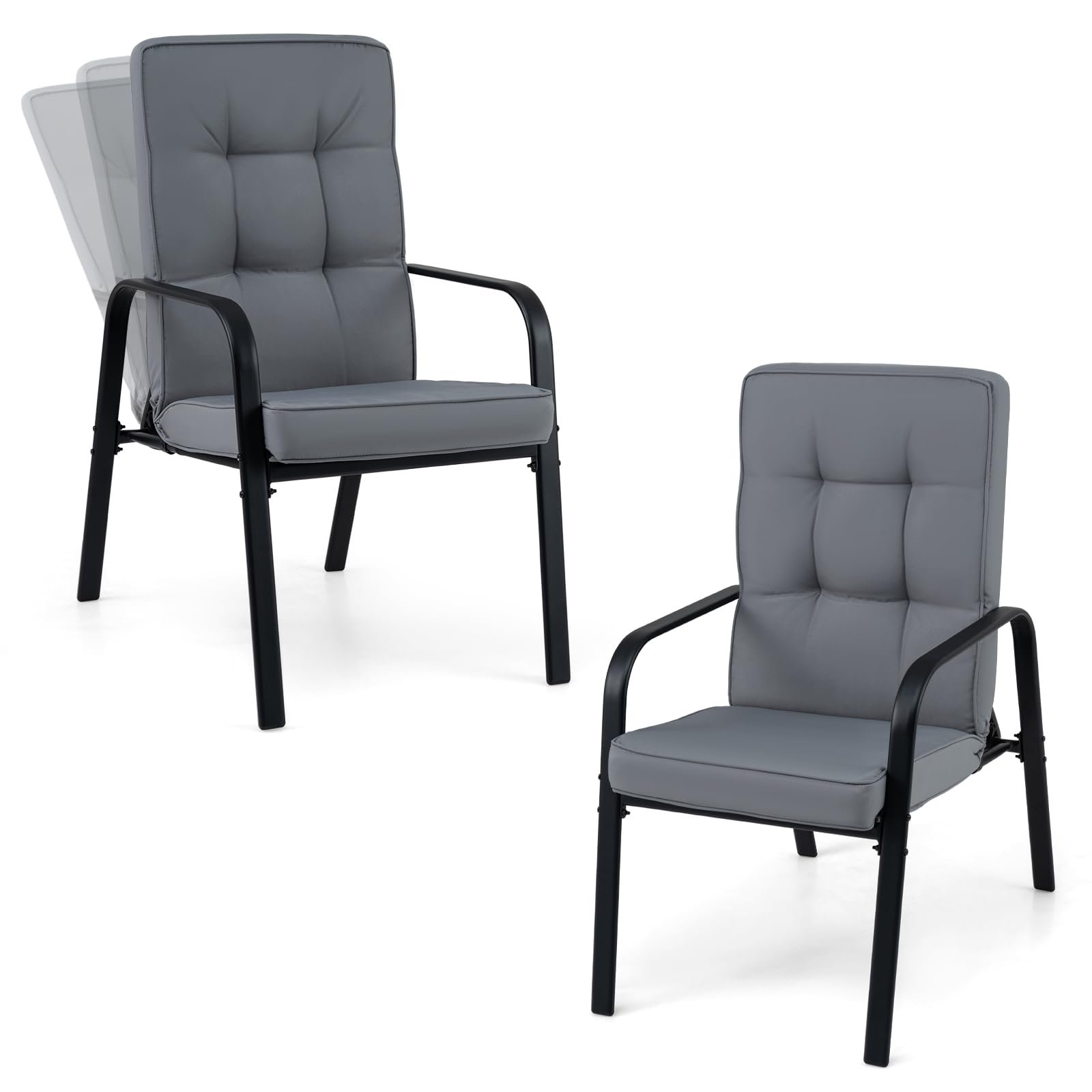 COSTWAY Garden Chairs Set of 2, Outdoor Dining Chairs with 5-Level Adjustable Backrests, Removable Cushions and Armrests, Metal Frame Patio Bistro Armchairs for Balcony Backyard Lawn Deck Poolside