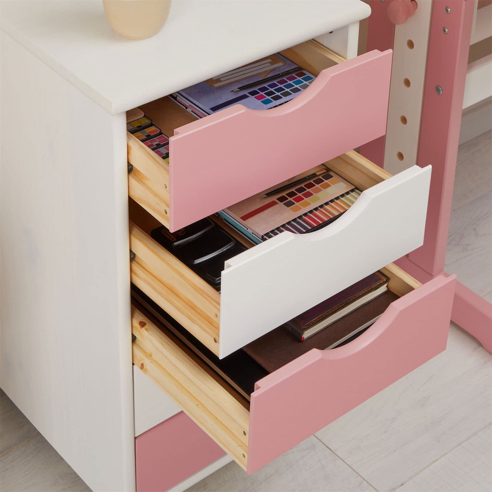 IDIMEX Rollcontainer Lagos mit 5 Schubladen, Weiß/Rosa - Bürocontainer aus Massivholz, kompakte Maße, praktische Aufbewahrungslösung, robuste Verarbeitung, Rollwagen für Büro und Kinderzimmer