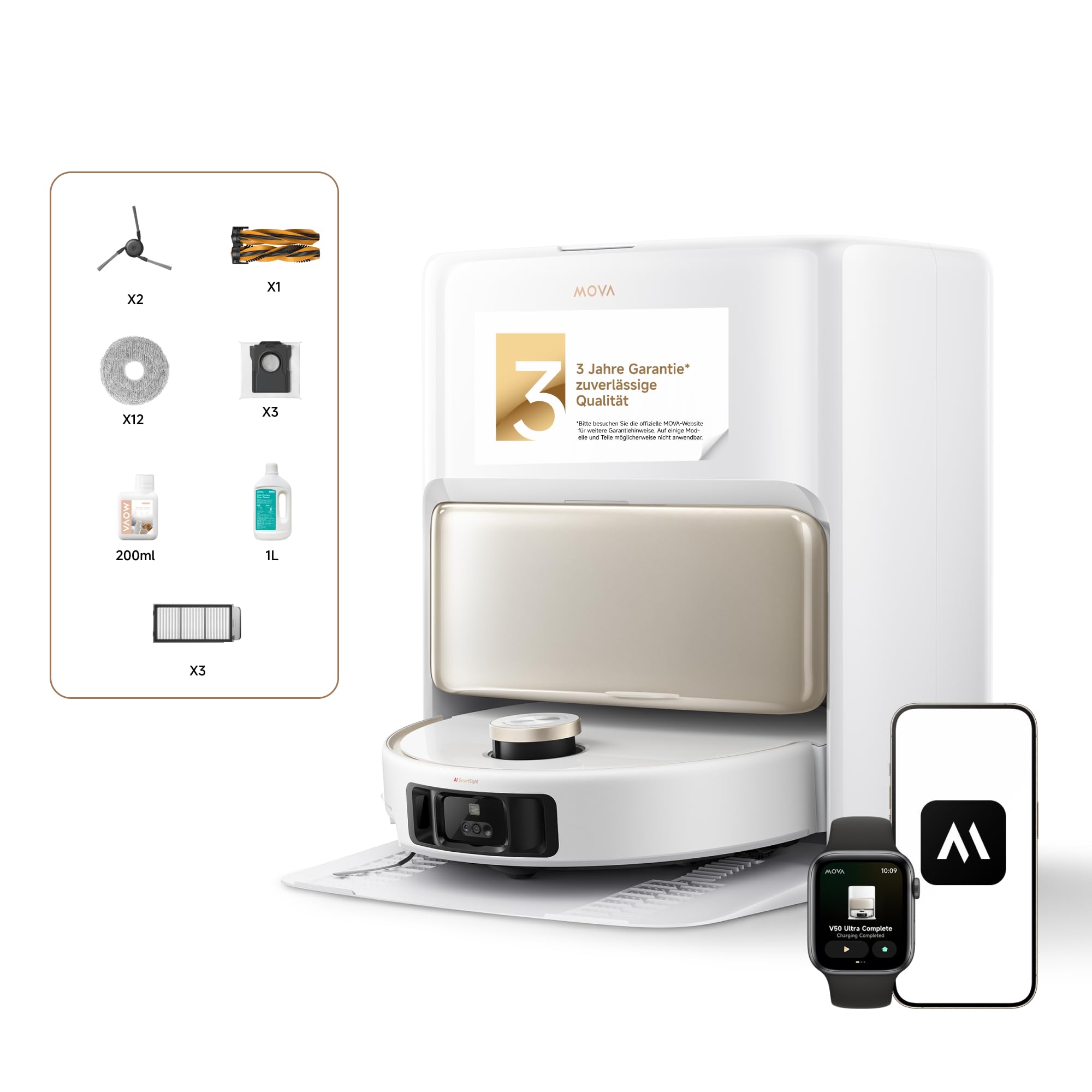 Mova V50 Ultra Complete Saugroboter mit Wischfunktion 24.000 Pa, 6cm Hindernisüberwindung, Liftable Navigation+RGB AI+LED, 80℃ Heißwasserwäsche & 63℃ Selbsttrocknung, DuoSolution System, Tricut Bürste