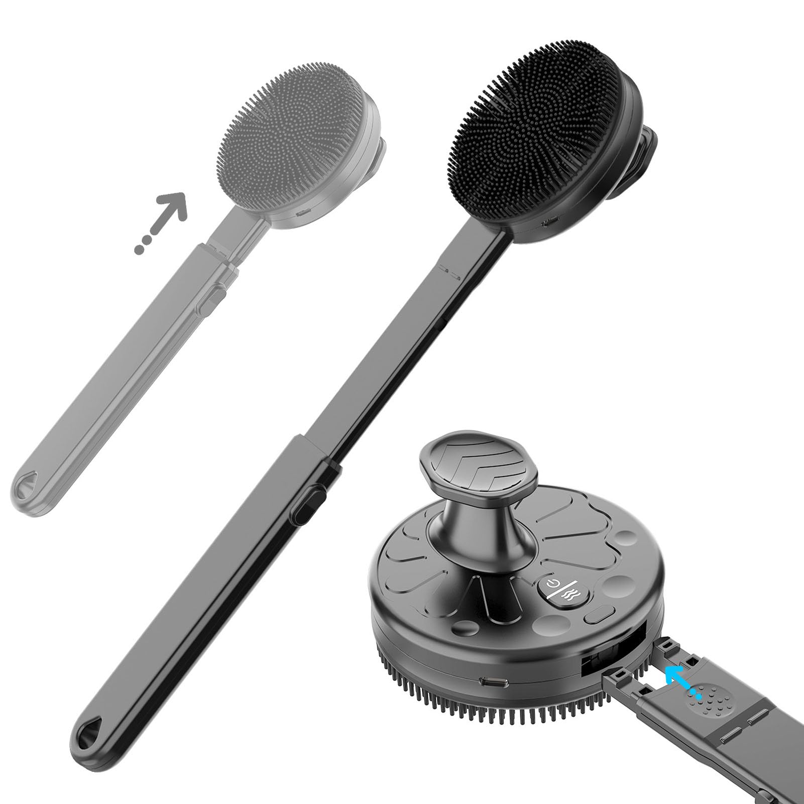 Yctze Spazzola Elettrica per la Schiena, Spazzola per il Corpo Ricaricabile con Manico Lungo per Esfoliante e Massaggio, per la Pulizia Delicata della Pelle in Silicone Morbido con Batteria 1100 MAh