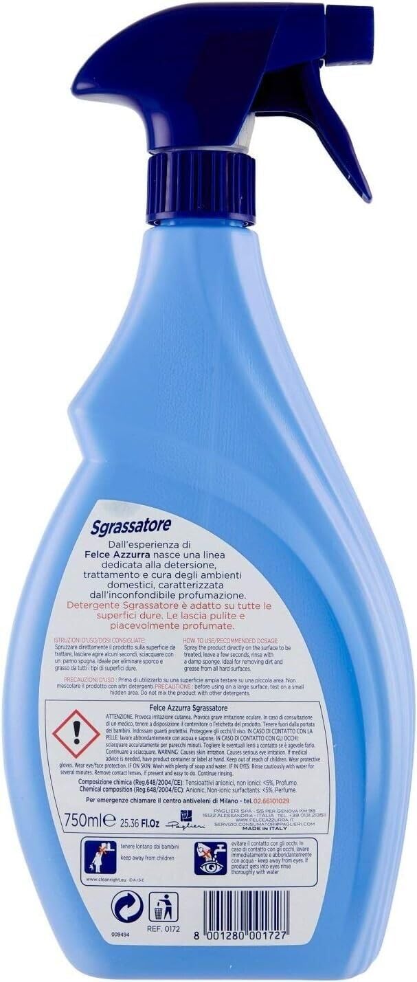 12 confezioni di FELCE AZZURRA Sgrassatore Multiuso, spray detergente con sgrassatore, 750 ml