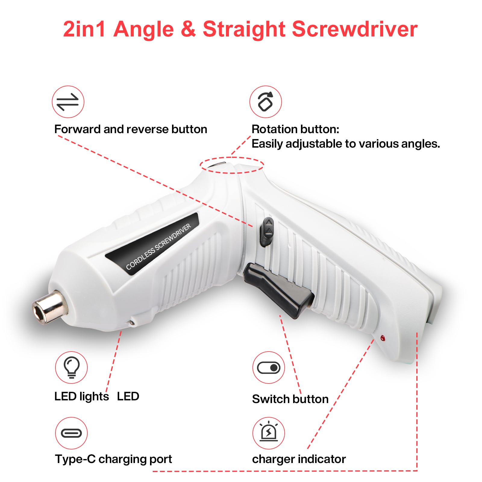 Mini Avvitatore a Batteria 3.6V: 47 pezzi Cacciavite a Batteria 1300mAh Ricaricabile USB, 2 Posizioni 90°-180°, Giravite elettrico con Coppia 3.6Nm, Luce LED, Ideale per Casa e Montaggio Mobili Nero