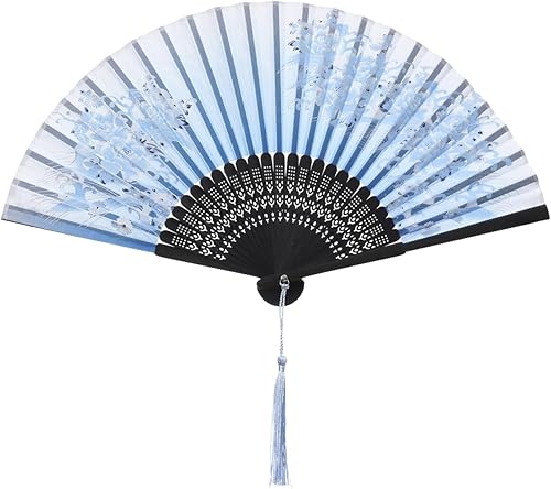 Miniatura 5 de QIRMIZI 5 ventiladores de mano Elegantes ventiladores plegables de seda con marcos de bambú, ventilador plegable de flecos huecos, ventilador de