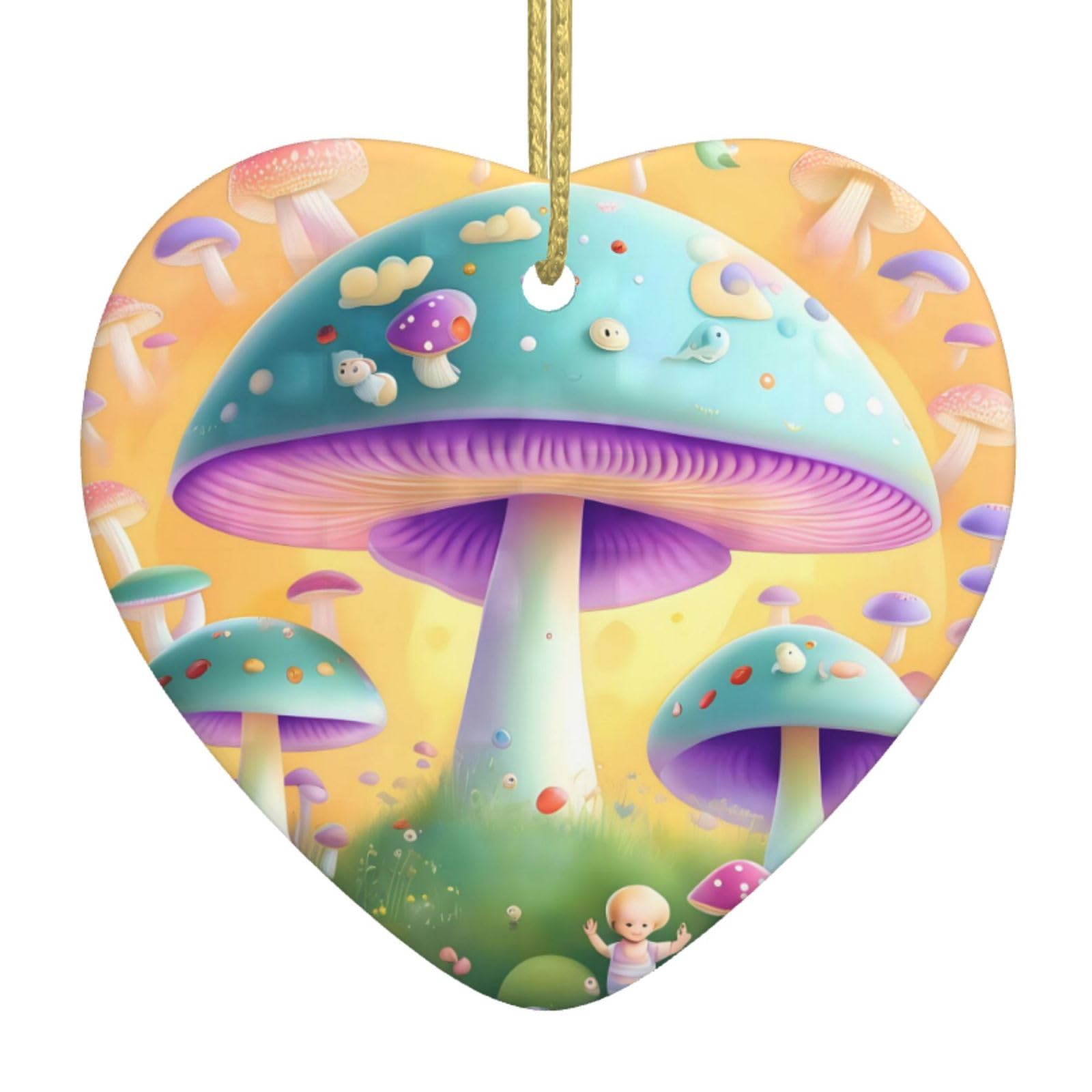 Fantasy Mushroom Ceramic Christmas Heart Pendant with Silk Thread, Christmas Tree Home Decoration