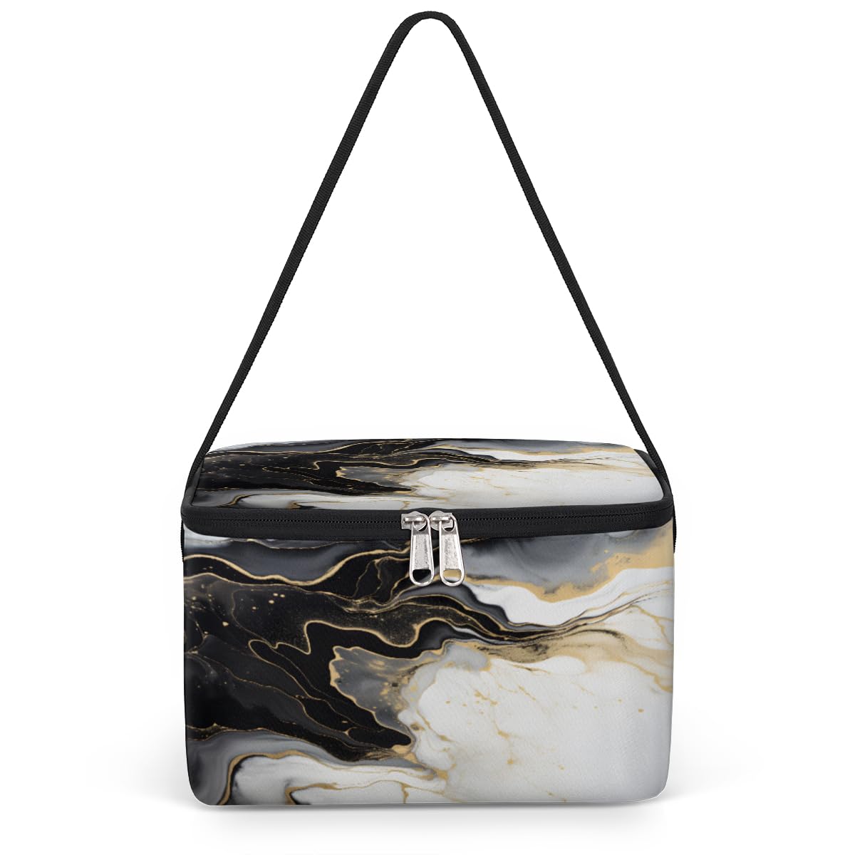 GzLeyigou Black Marble Texture Lunch Bags for Women Men 9 Cans, Hot & Cold Food Delivery Bag Insulated Grocery Bag Insulated Lunch Box Golden Marbling Cooler Bag for Office Work Picnic Beach