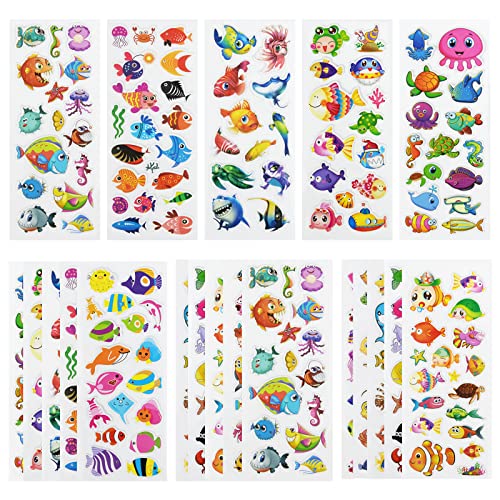 24 Sheets(400+) Fish 3D Puffy Stickers for Toddlers Kids Bulk Preschool Sticker Sheets for Reward Craft Scrapbooking