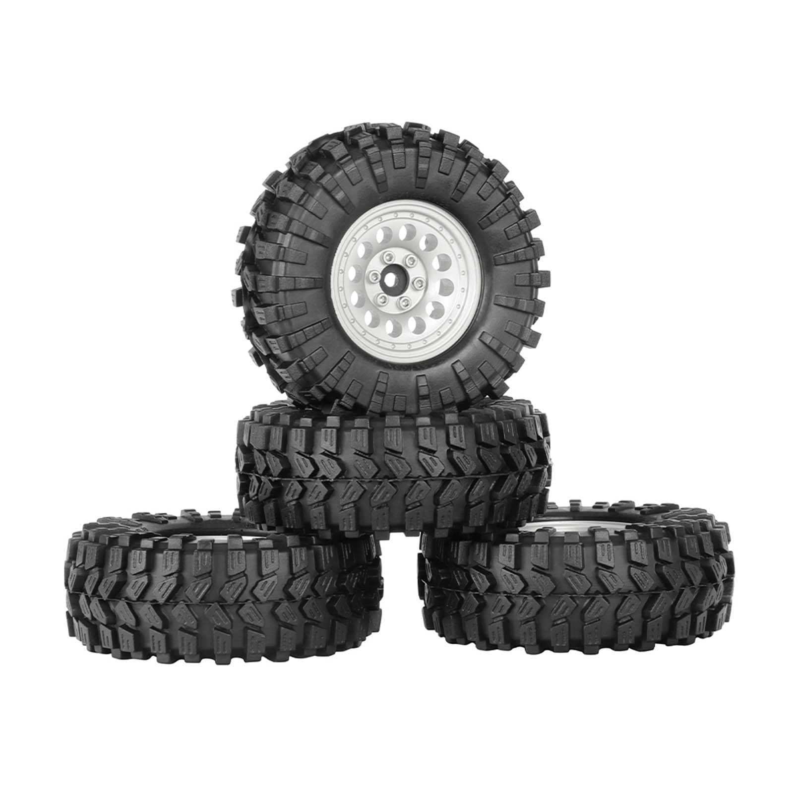 KEEDA Ensemble de pneus et Roues Tout-Terrain 1,33 Pouce - Roues Beadlock en Alliage et pneus avec hexagone 5 mm et 7 mm pour Crawler RC 1/12, 1/14, 1/18 et 1/24 (A, Argenté)