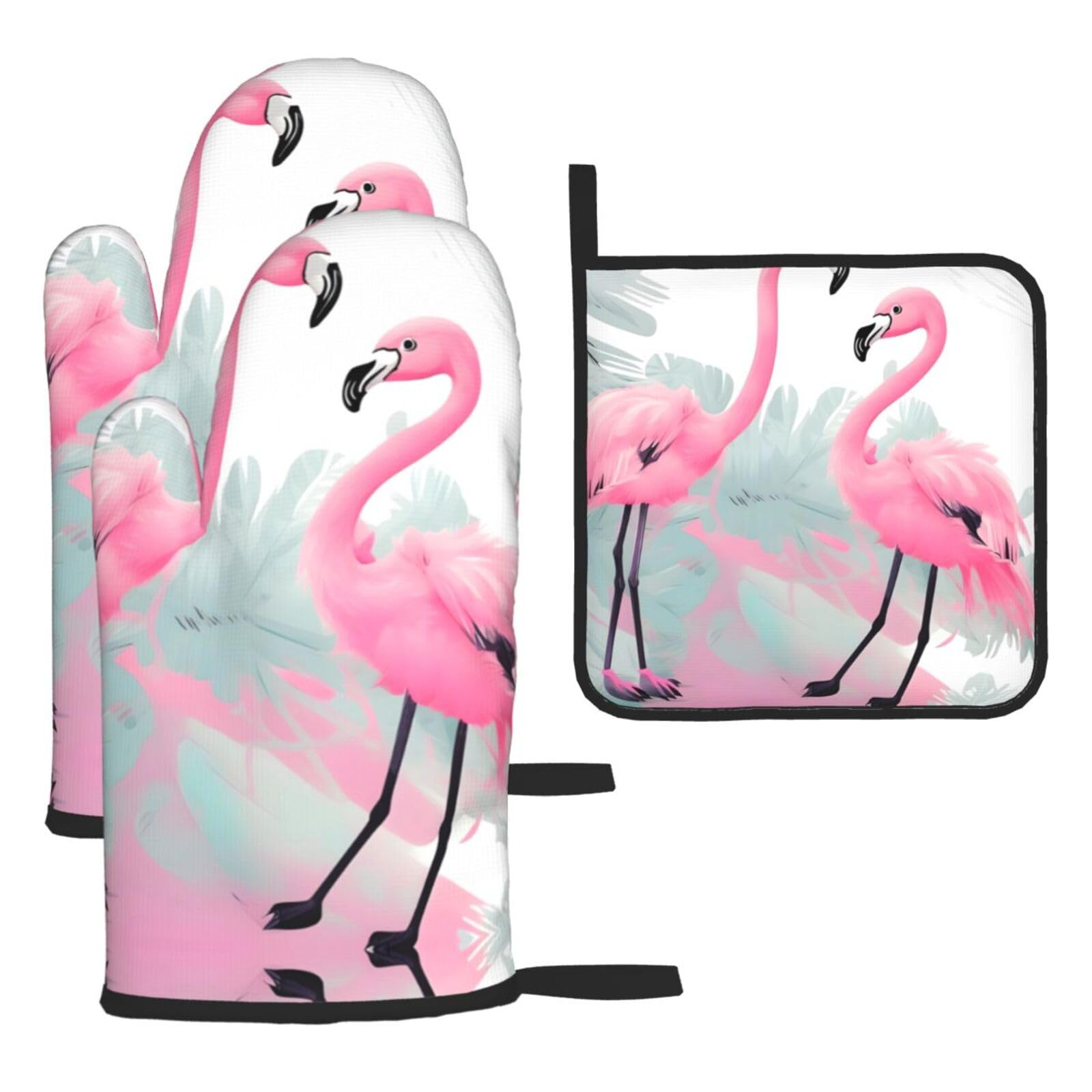 Pink Flamingo Printed Oven Mitt Set 3-Piece | Heat Resistant Gloves & Pot Holder Mat for Cooking, Baking & BBQ