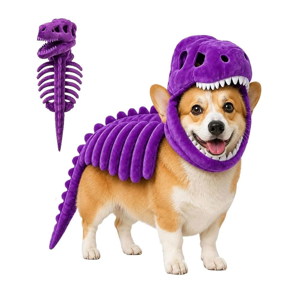 Dog Cat Pet Dinosaur Skeleton Costume, Pet Dinosaur Costume, Soft Plush T-Rex Skeleton Halloween Costume, 3D Cozy Dinosaur Skeleton Pet Costume, Funny Dog Dinosaur Costumes for Halloween，Purple：120CM