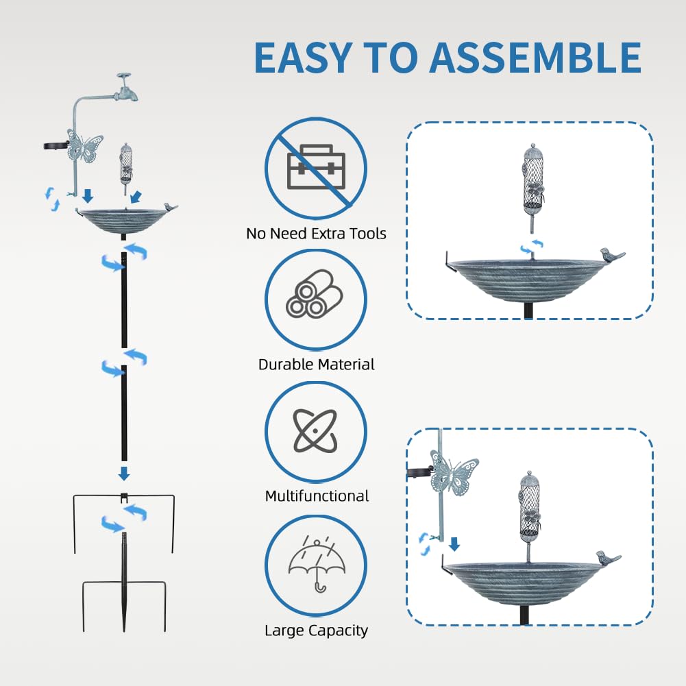 VEWOGARDEN 13" Solar Bird Bath with Stake Metal Bird Baths for Outdoors Vintage Faucet Standing Birdbath with Feeder for Garden Patio Yard