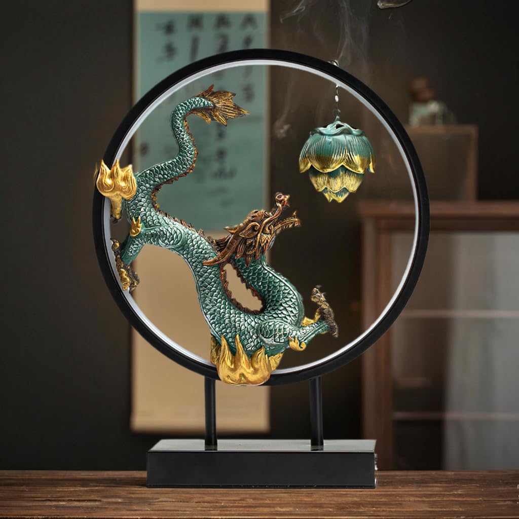 Chinese Ceramic Dragon Statue Backflow Incense Burner Sculpture with USB Power, LED Light Ring,Adjustable Brightness (BJL002) - Image 5