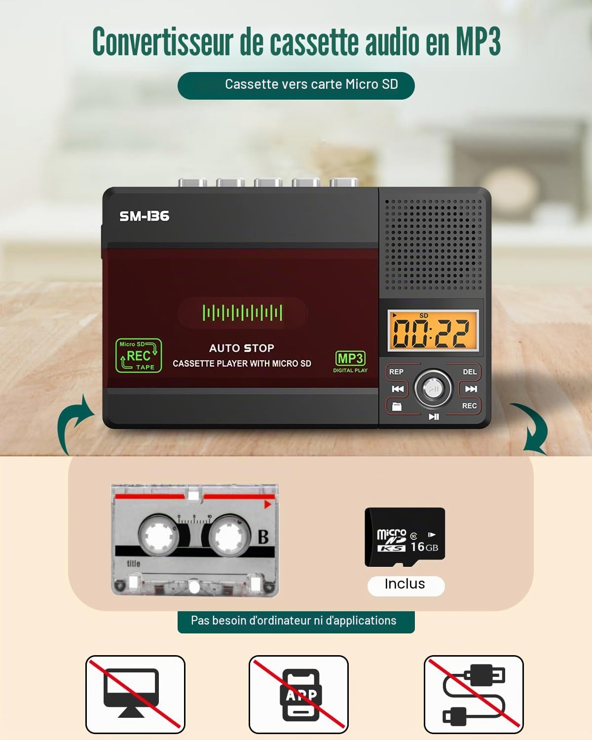 SEMIER Lecteur de Cassette, USB C ou Carte SD, convertisseur de Cassette Audio vers MP3, Enregistrement sur Cassette/Ordinateur/Carte SD Via Micro, écran LCD, Haut-Parleur, Prise Casque, Carte SD 16
