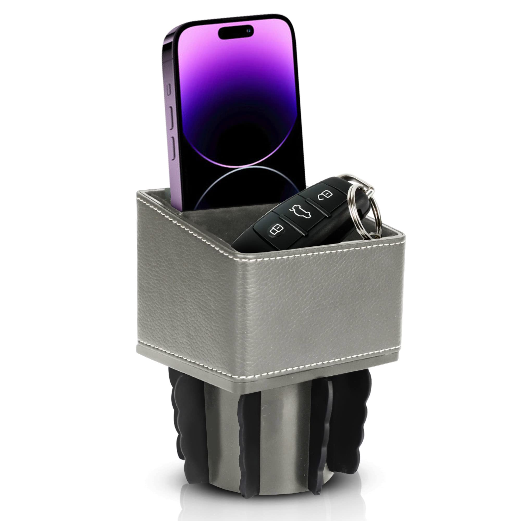 SUPERIOR ESSENTIALS Car Phone Holder & Key Storage Expander for Cupholder - Universal Size Phone Mount for Car - Elegant Design with Easy Installation - Effortless Charging Cell Phone Holder for Car