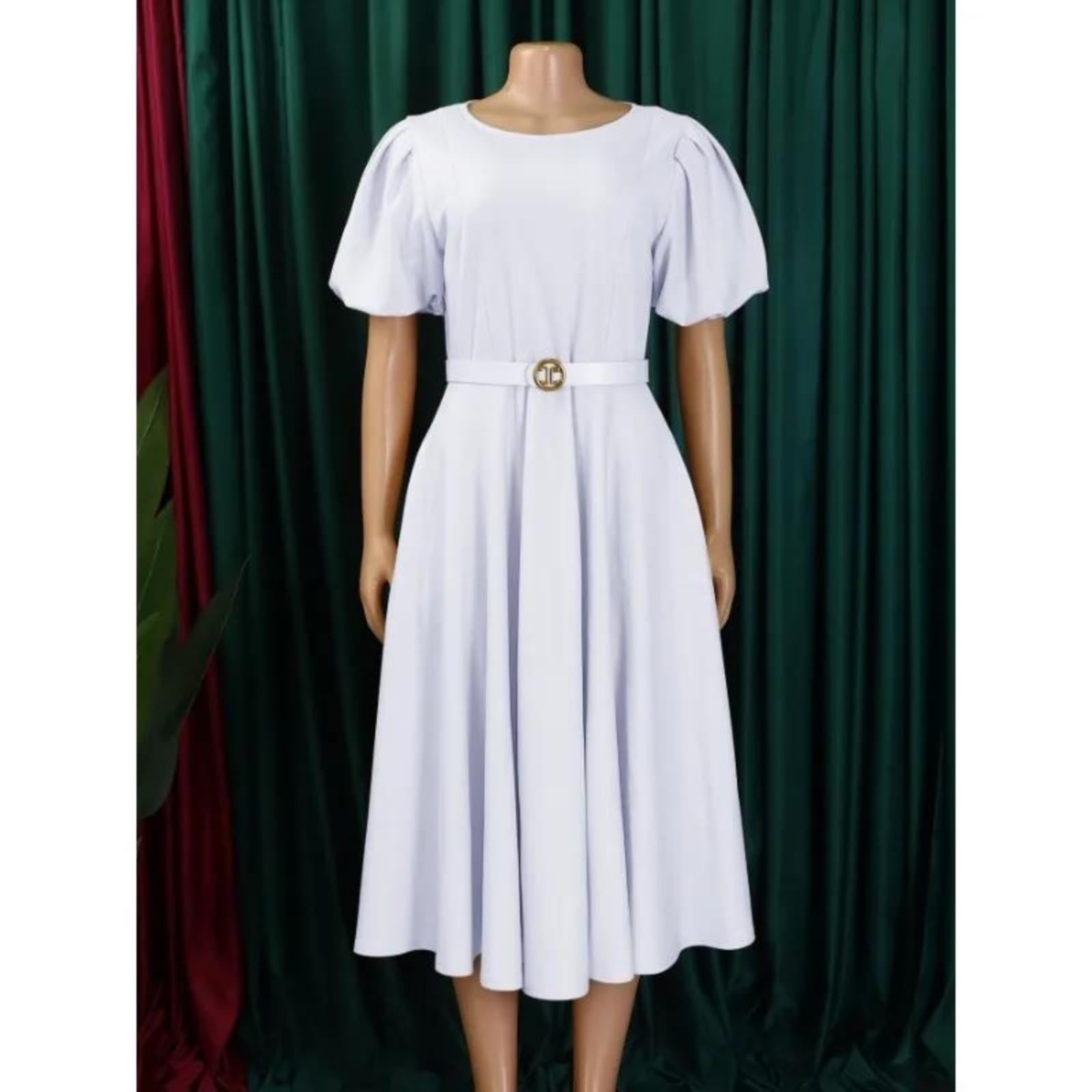 Adhdyuud Elegante vestido midi africano con manga abombada, cinturón, cuello redondo, acampanado, ropa formal de oficina