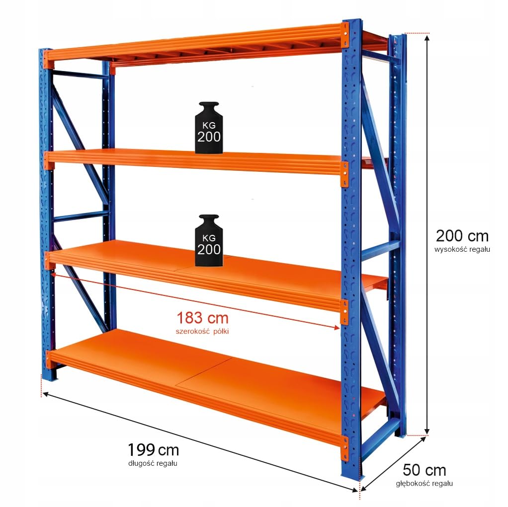 Mega-M Regał METALOWY magazynowy warsztatowy 4-PÓŁKOWY | Fortis Light | 800KG | moduł bazowy |200x200x50 cm