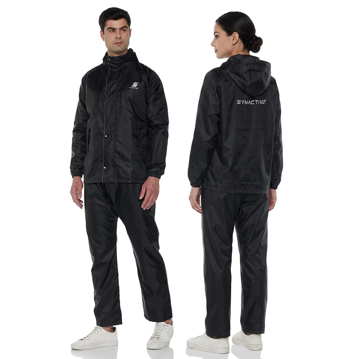 Amazon Brand - Symactive Raincoat with Jacket, Pants, Hood and Carry Bag | Polyester Shell with Heat Sealed PVC Lining | Inner Mobile Pocket | Plastic Peak Hood | Unisex, Black, L-image-6