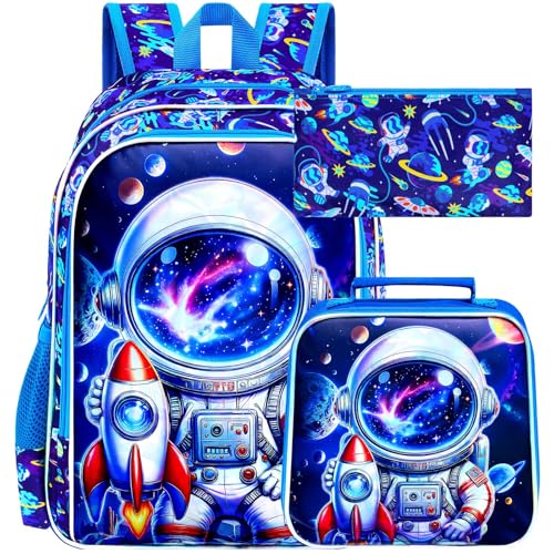 gxtvo Mochila espacial com 3 peças, para meninos, astronauta de 40,6 cm, com lancheira, resistente à água, pré-escolar infantil – Rocket Astronaut