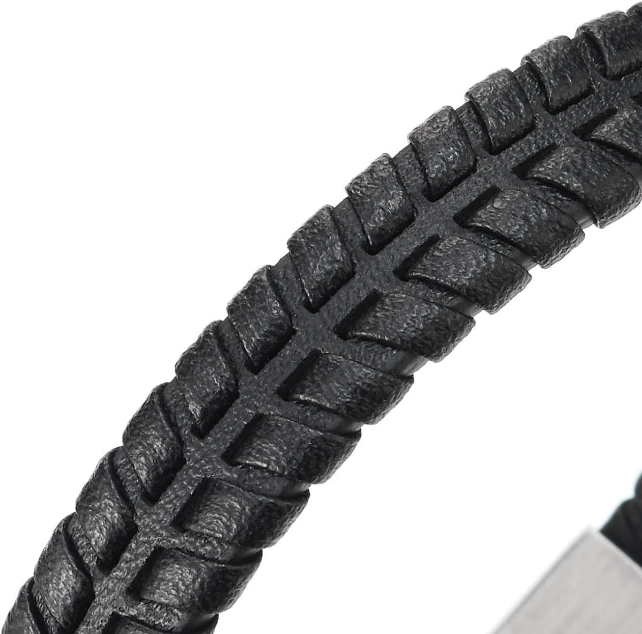 Black Woven Leather Bracelet for Men, Tire Tread Pattern with Silver Steel Clasp, Bold Statement