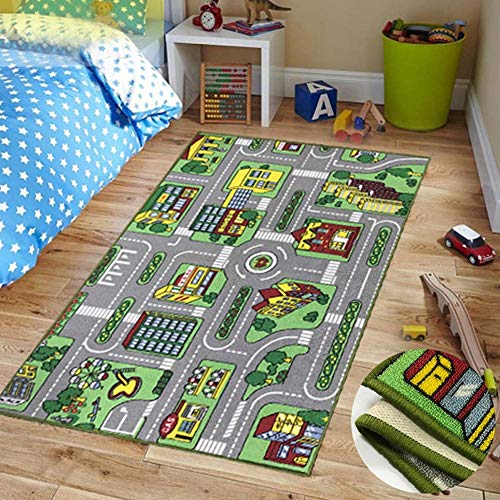 DROB Kinderteppich Spielteppich City Hafen Straßenteppich Stadt Straße Grau Grün,100x100cm