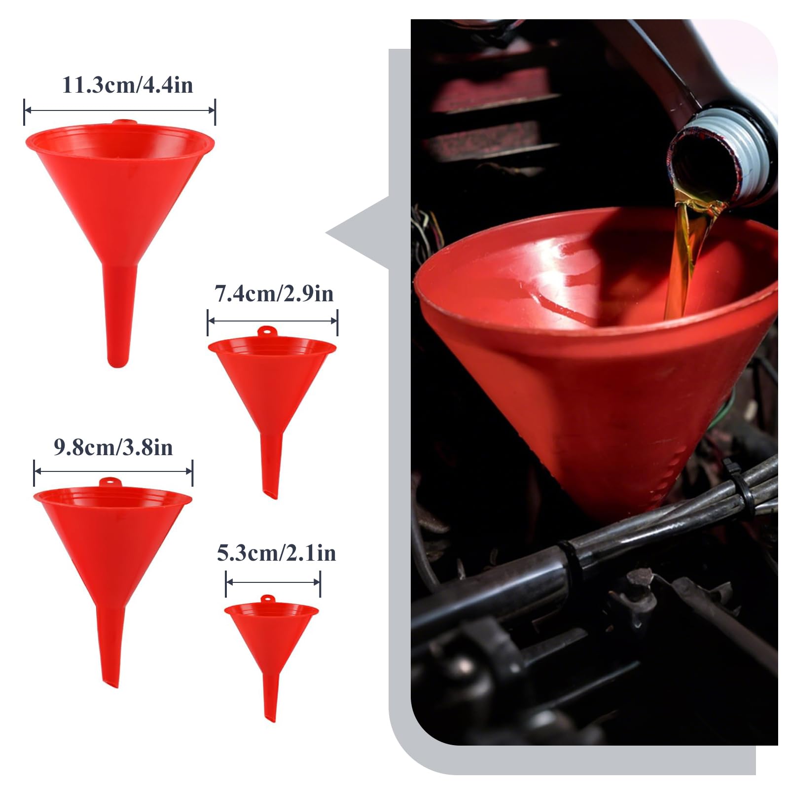 Set di 10 imbuti per auto, a bocca larga, in plastica, per olio a collo lungo, flessibili ad angolo retto, con beccuccio e filtro rimovibili, set di imbuto in plastica per acqua, benzina, refrigerante