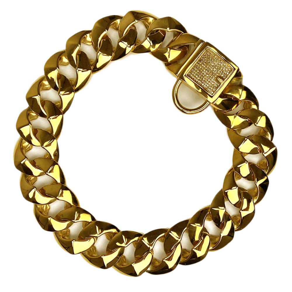 DUPFY Big Dog Chain Collar Heavy Strong Gold Chain Bling Dog Collar Thick Solid Stainless Steel Wide 32mm Cuban Link Chain Choke Dog Collar for Medium Large Dogs 55cm